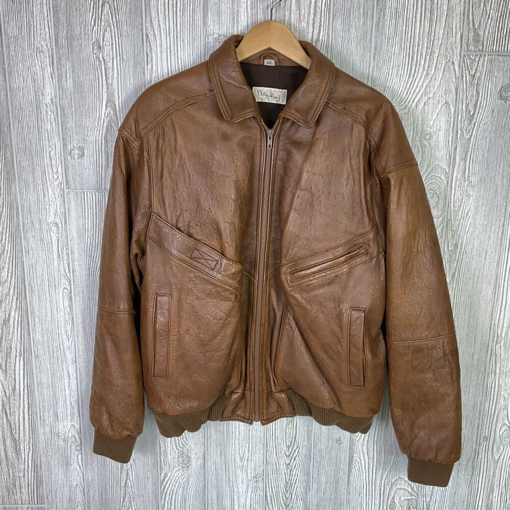 Vintage Philippe Monet Brown Leather Bomber Jacket Men’s Size 44L Zip Front Flan